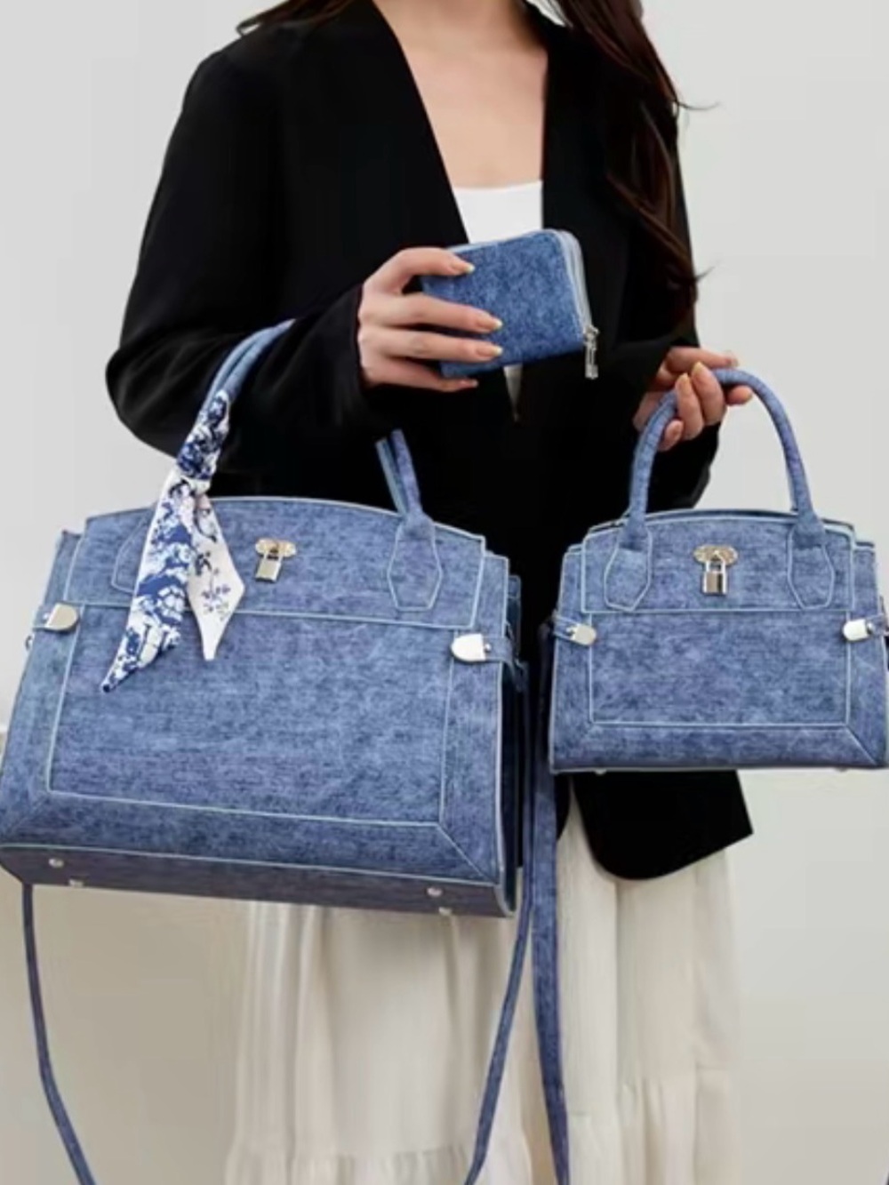 3-Piece Blue Denim Look Handbag Set Large Tote Crossbody Wallet with Twilly